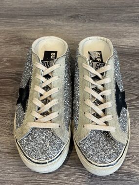 Golden Goose Super-Star Silver Glitter Sneakers Ice Gray Suede Star Size 39